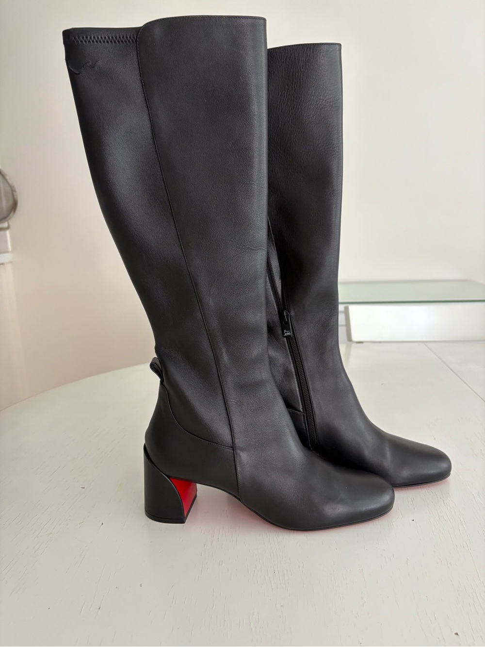 Christian Louboutin Black Leather Knee Boots with Red Sole Detail